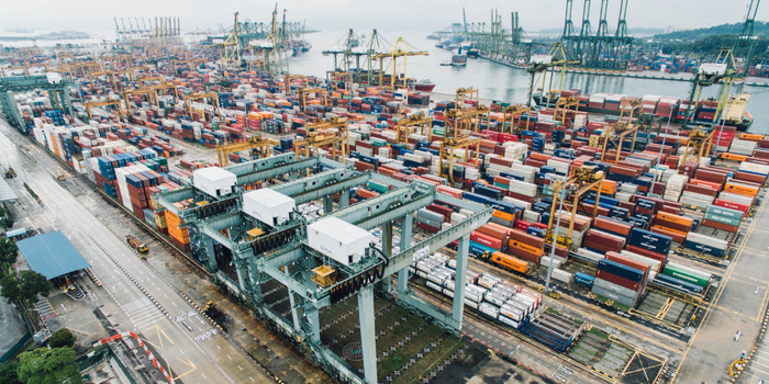 Wide view of a global shipping port with hundreds of containers